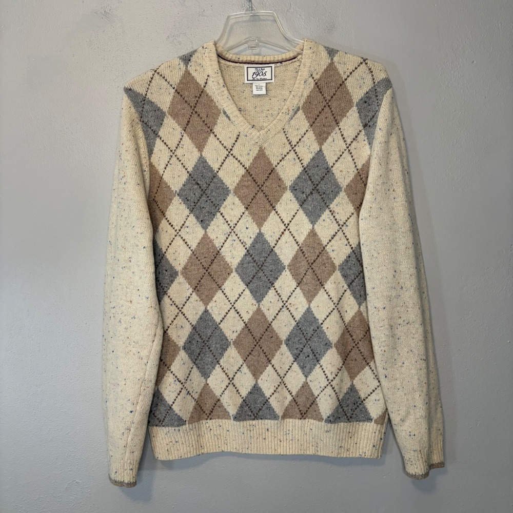 Jos. A. Bank 1905 Mens Argyle V-Neck Sweater Wool Blend Cream Tan Grey Large